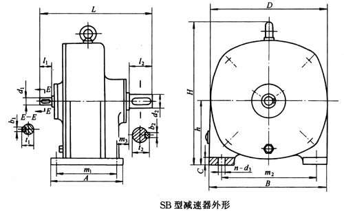 SB系列雙擺線針輪減速機外形及安裝尺寸、針齒中心圓直徑及傳動比